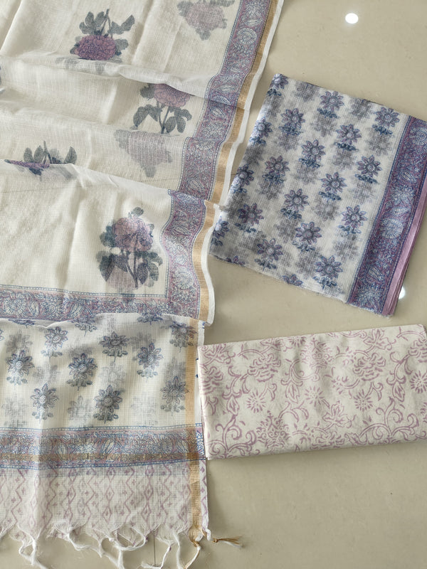Mauve & Grey Rose Block Print Kota Doriya Suit  (BFFKO90)