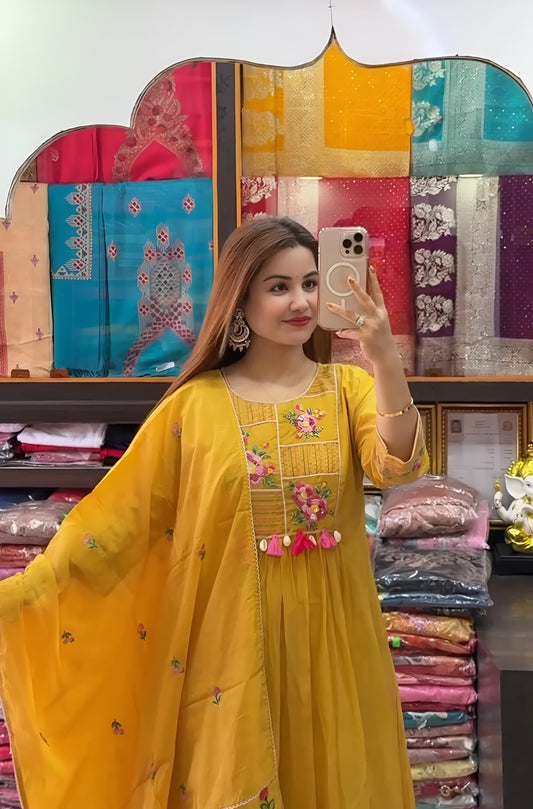 Yellow Embroidered A-Line Suit | Pure Cotton with Floral Dupatta