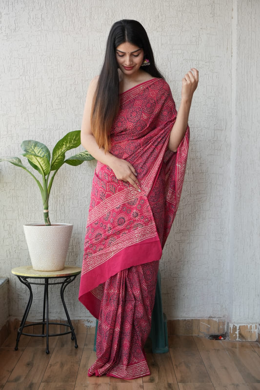 Pink Hand Block Printed Cotton Saree with Blouse (BFCS55)