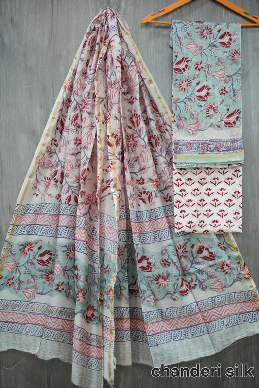 Light Teal & Maroon Lotus Floral Hand Block Print Chanderi Silk Suit Material (BFCHS07)