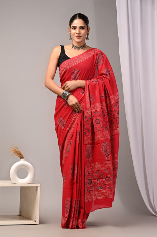 Red Hand Block Printed Cotton Saree with Blouse   (BFCS75)