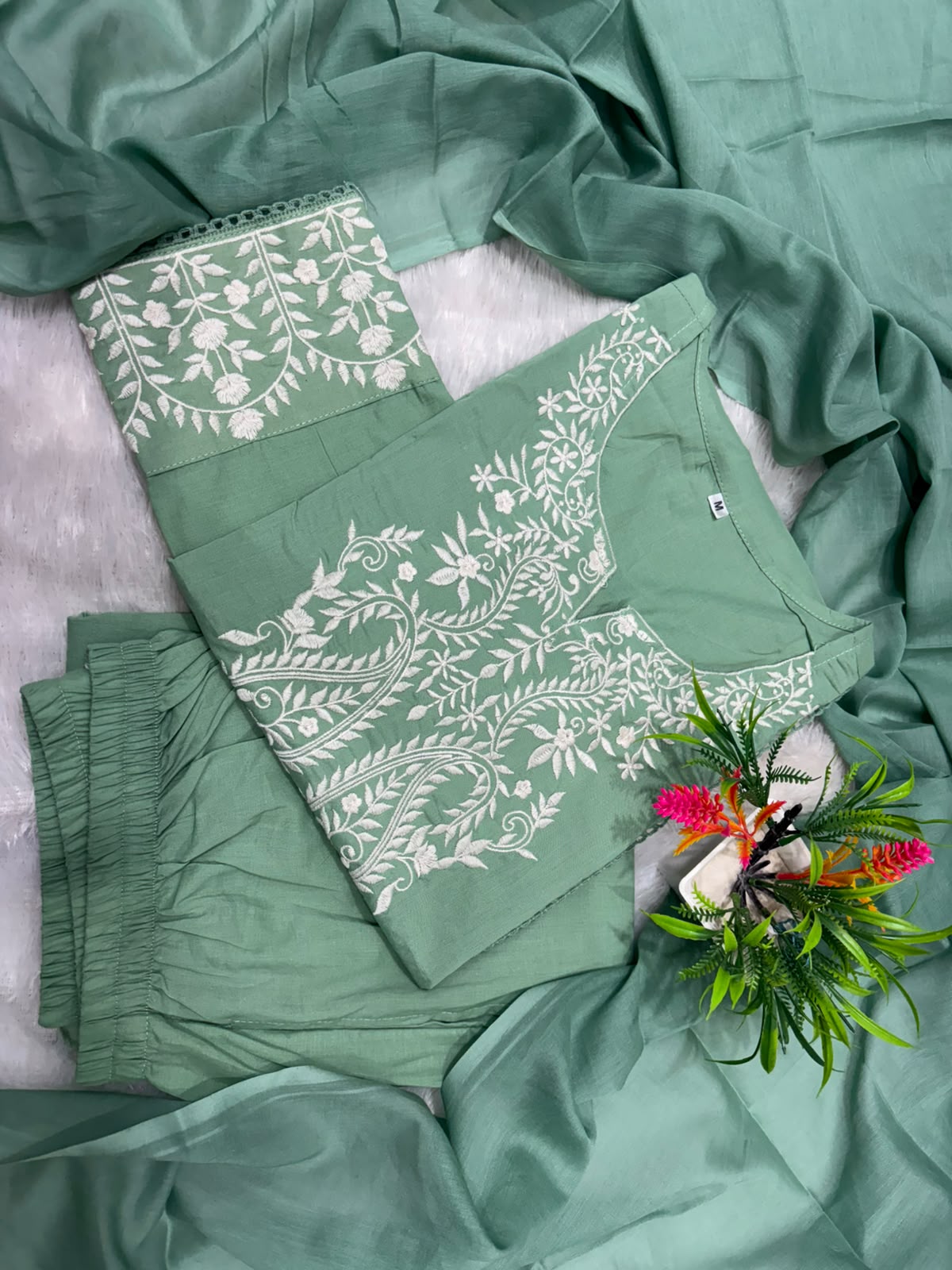 Green Embroidered Cotton Kurta Pant Set with Dupatta