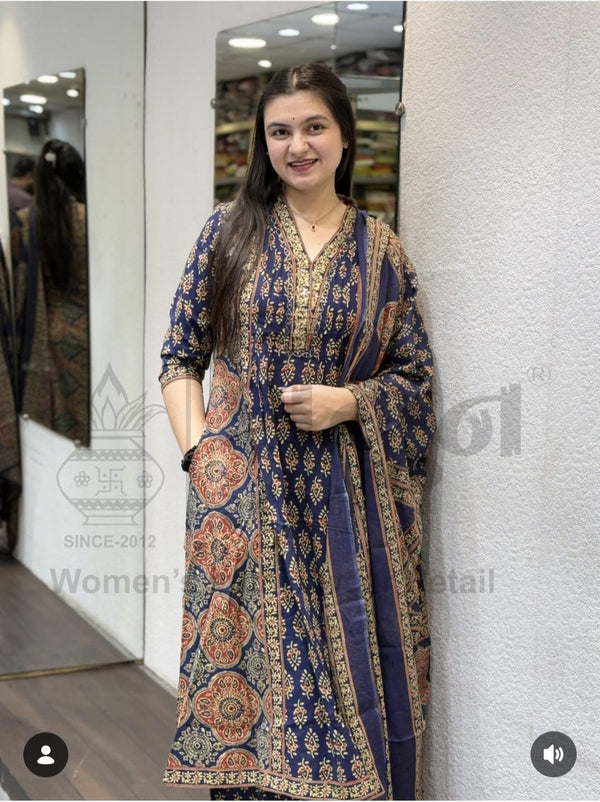 A-Line Flared Kurta Set – Saganeri Print with Adda Work | Navy Blue