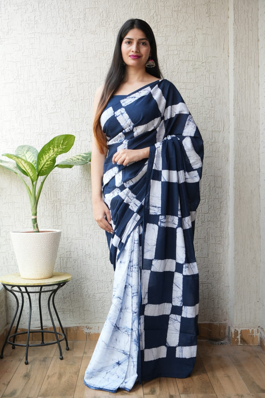 Navy Blue Tie Dye Cotton Saree – Soft Cotton Saree for Women (BFCS30)