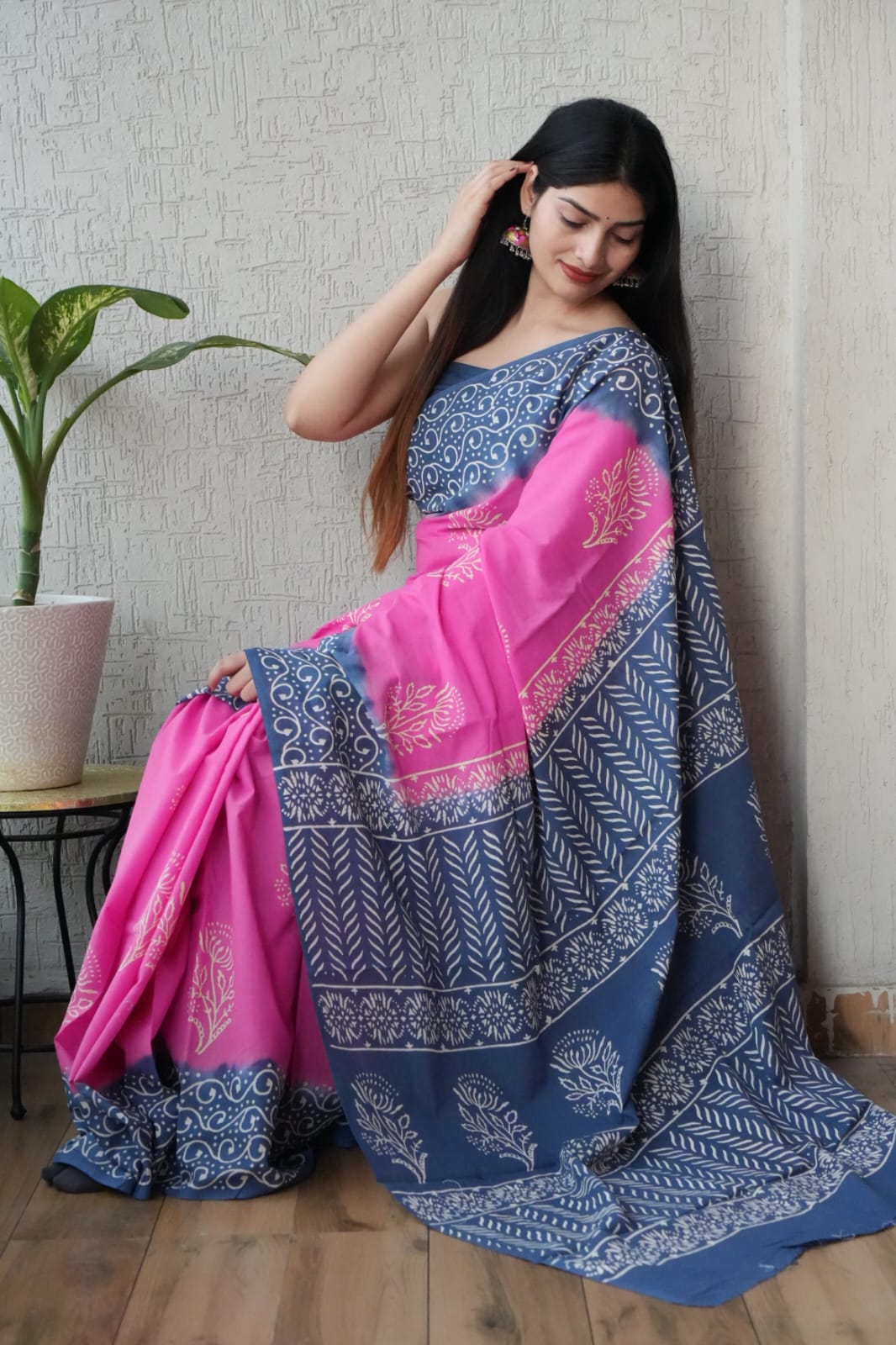 Blue Pink Designer Cotton Saree – Soft Cotton Saree for Women (BFCS42)