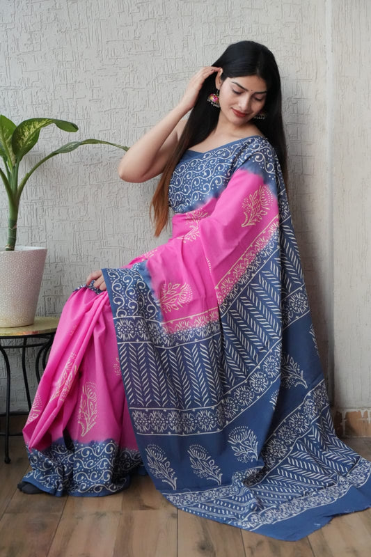 Blue Pink Designer Cotton Saree – Soft Cotton Saree for Women (BFCS42)