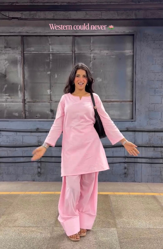 Baby Pink Pure Cotton Farshi Salwar Suit Set