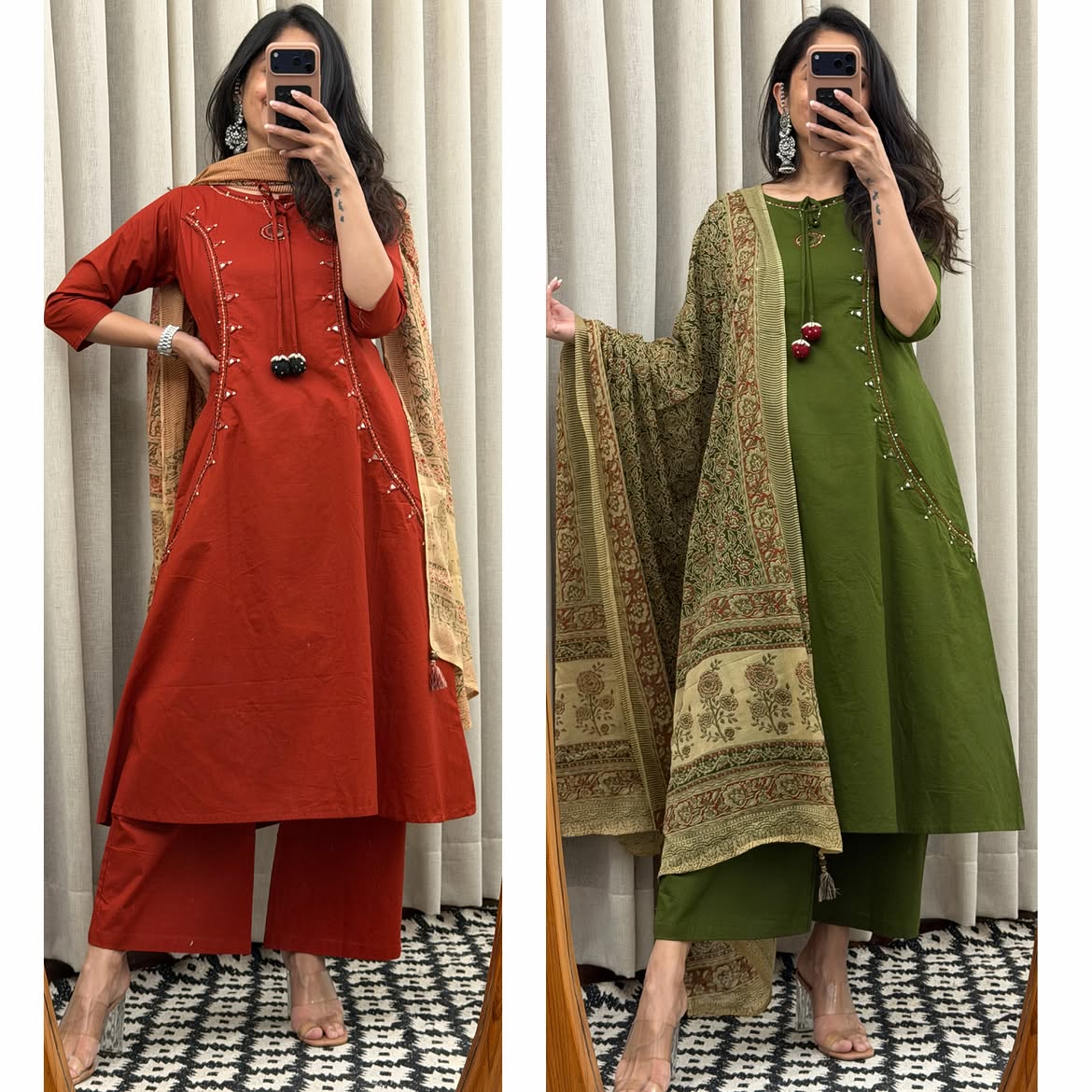 Rust Red Embroidered Kurti with Pant & Malmal Dupatta