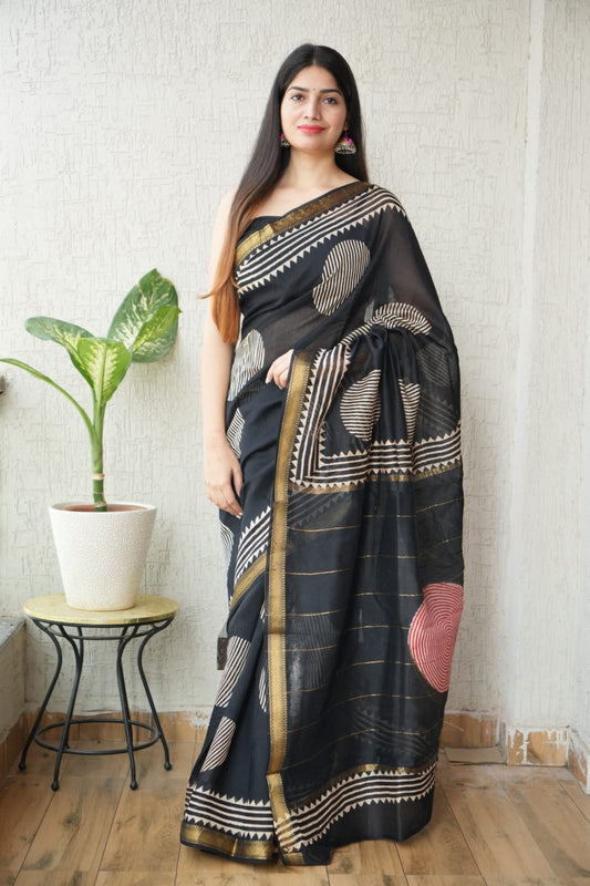 New Designer Hand Block Print Maheshwari Silk Saree (BFMSARE31)
