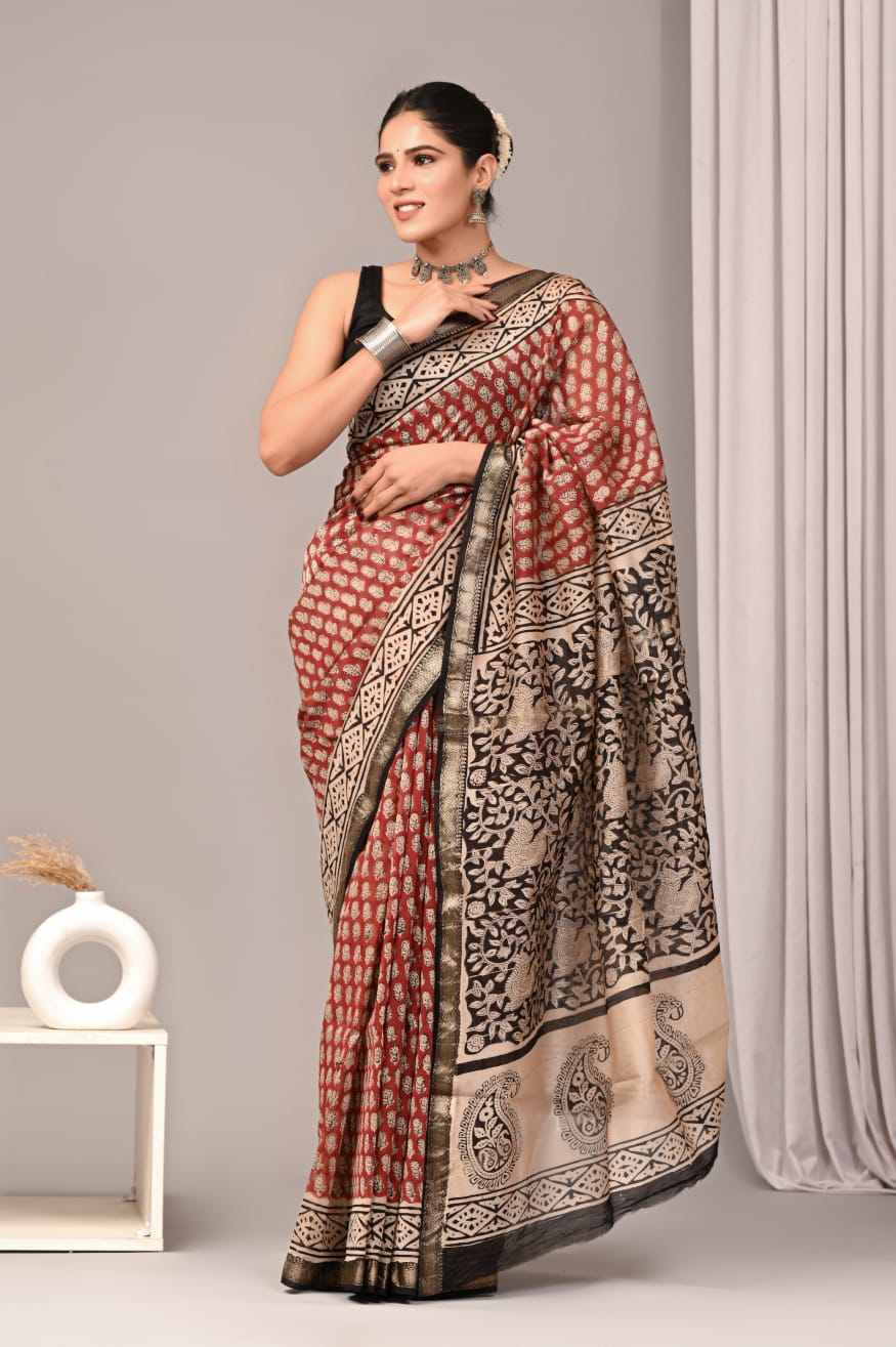 New Designer Hand Block Print Maheshwari Silk Saree (BFMSARE08)