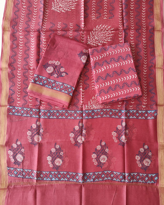 Premium Hand Block Printed Maheshwari Silk Suit(BFMAH91)