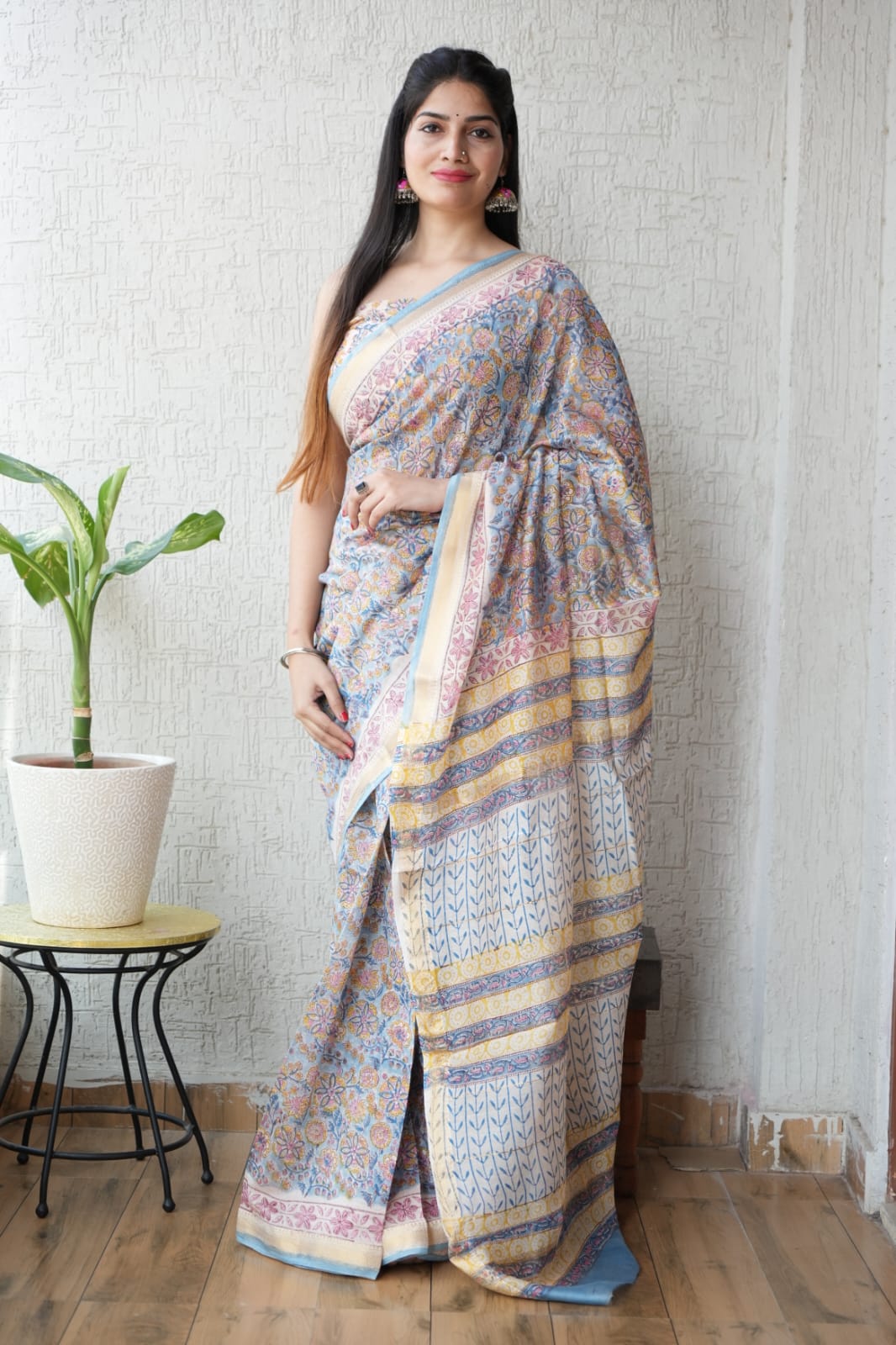 New Designer Hand Block Print Maheshwari Silk Saree (BFMSARE13)