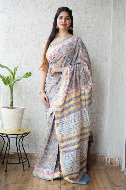 New Designer Hand Block Print Maheshwari Silk Saree (BFMSARE13)