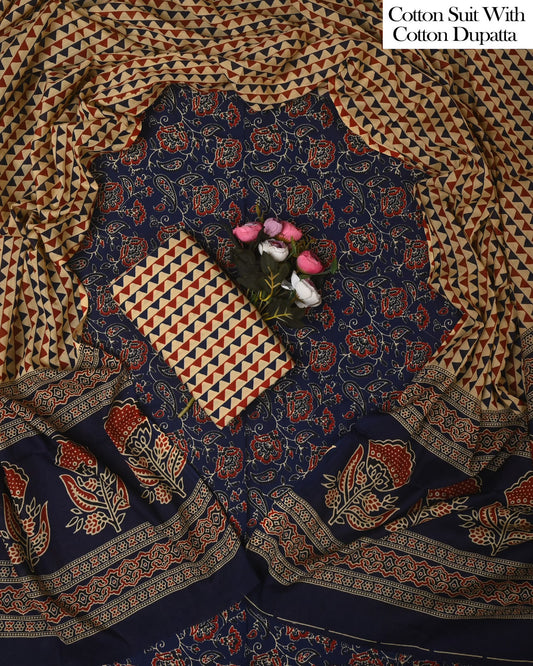 Exclusive Hand Block Cotton Suit With Cotton Dupatta(BFCOT186)