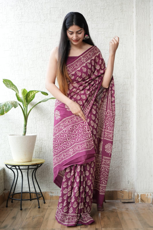 Traditional Authentic Hand Block Printed Pure Organic Cotton Sarees With matching Blouse(BFCS02)
