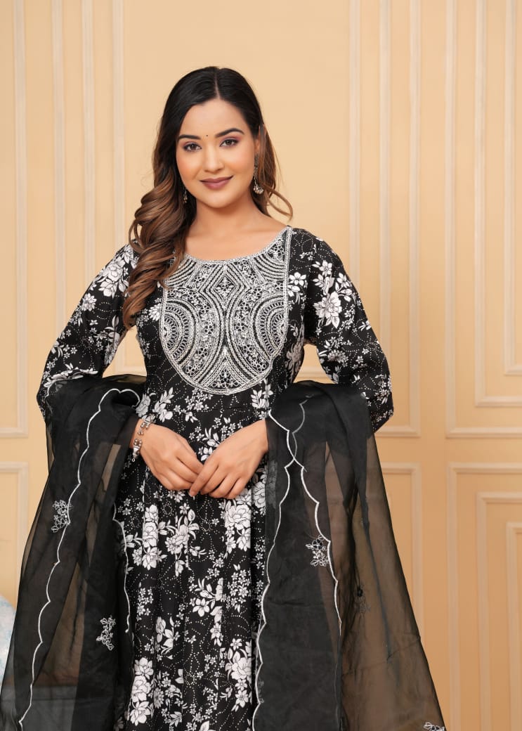 Beautiful ANARKALI KURTA with heavy  embroidery  work  on yoke along with pants with duppata