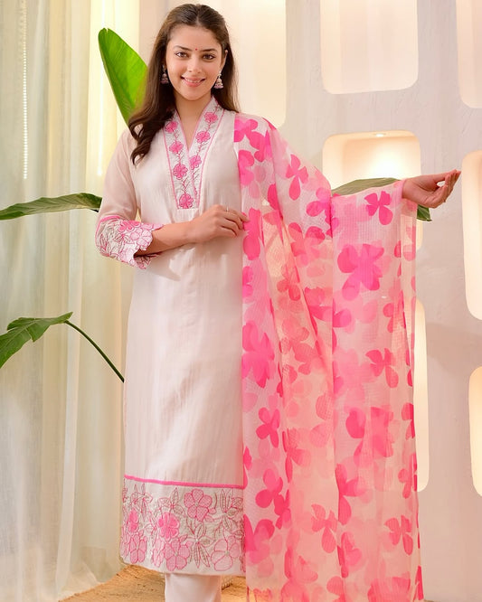 Off White Cotton Kurti Pant Dupatta Set with Pink Floral Embroidery for Women .