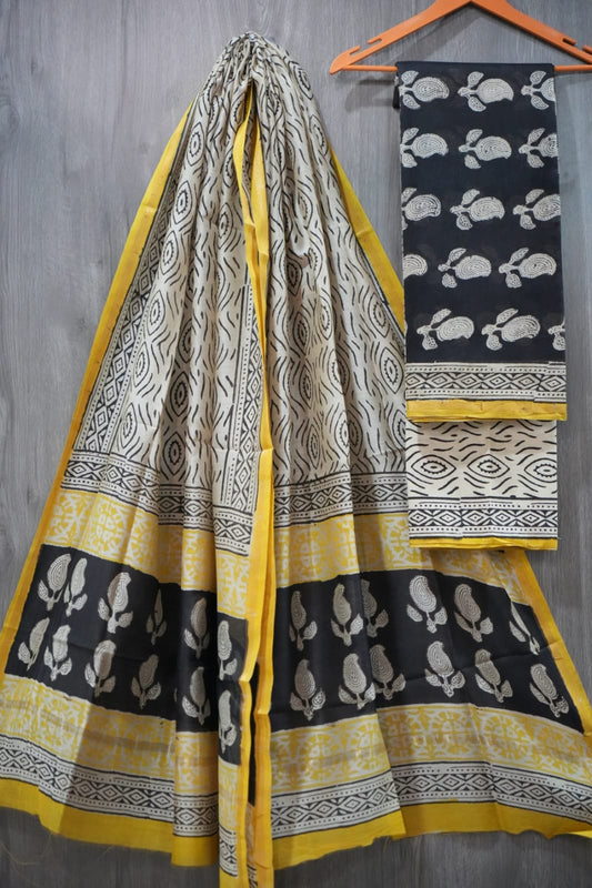 Black & Yellow Paisley Geometric Hand Block Print Chanderi Silk Dress Material (BFCHS41)