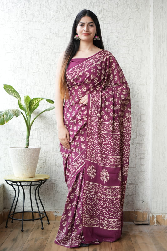Traditional Authentic Hand Block Printed Pure Organic Cotton Sarees With matching Blouse(BFCS02)
