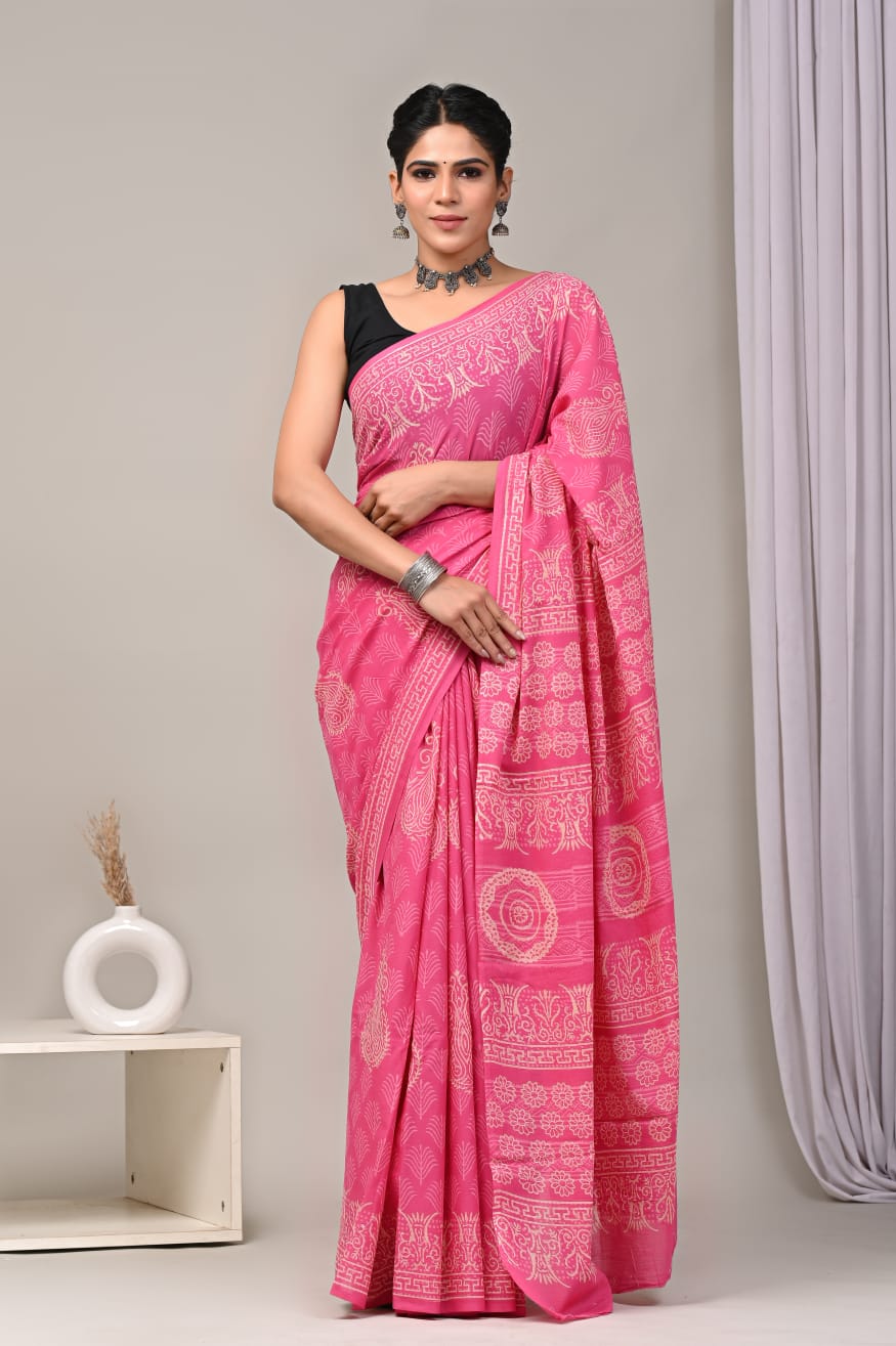 Traditional Authentic Hand Block Printed Pure Organic Cotton Sarees With matching Blouse