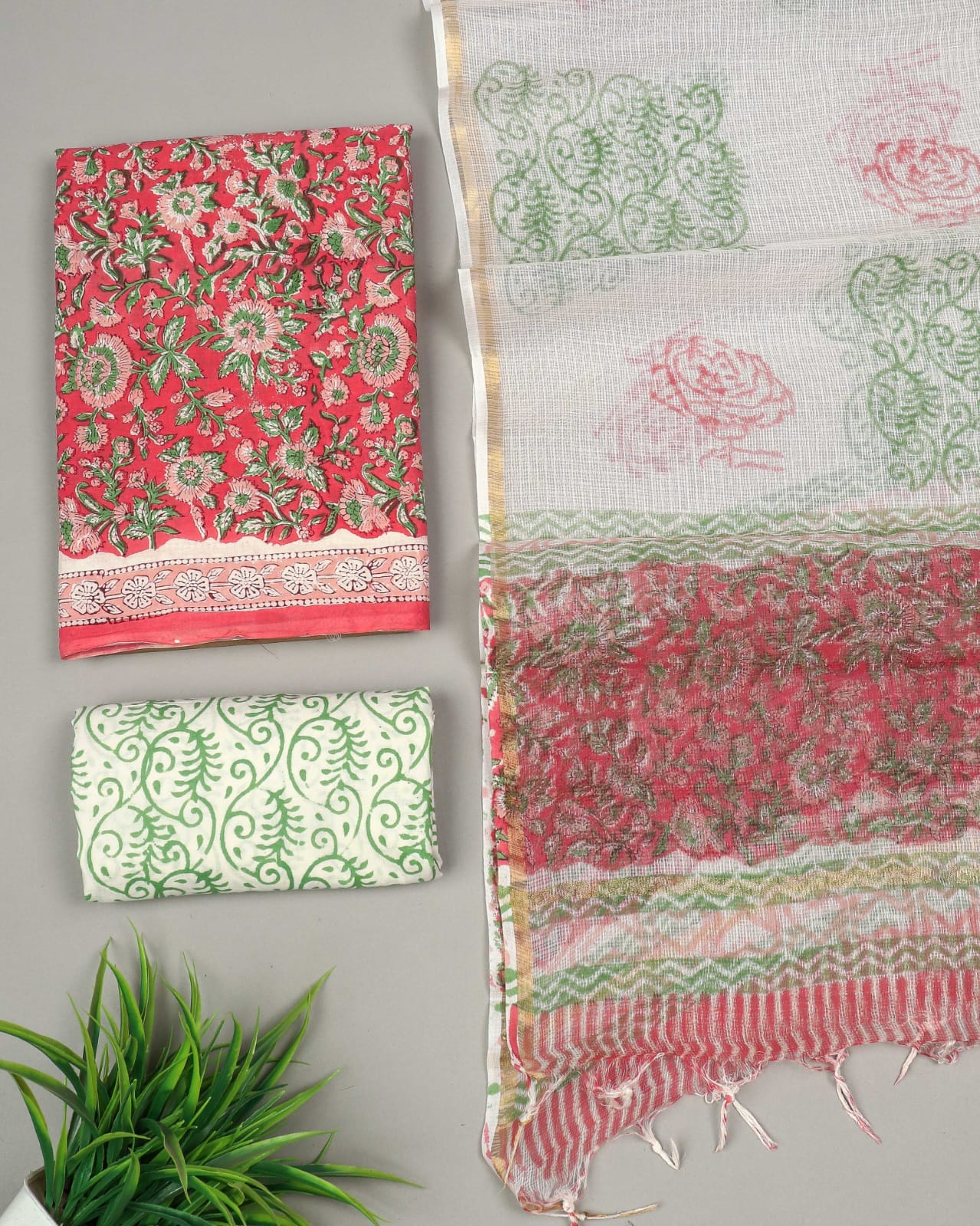 Premium Sanganeri Printed Cotton Suit With Kota Doria Duppta(BFCOTKD37)