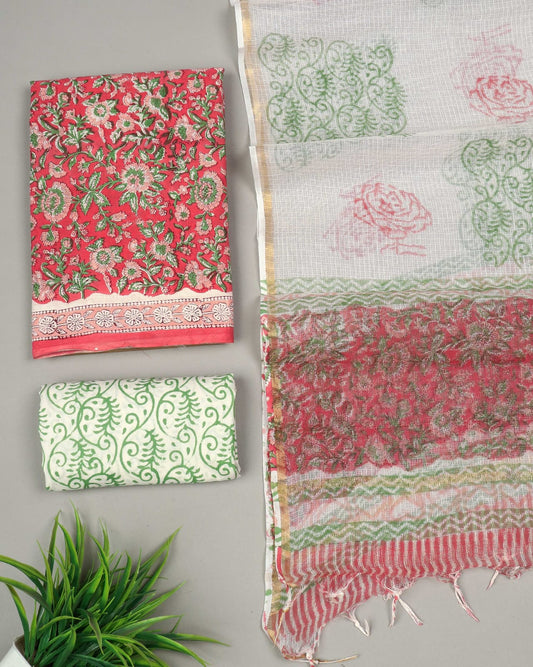 Premium Sanganeri Printed Cotton Suit With Kota Doria Duppta(BFCOTKD37)