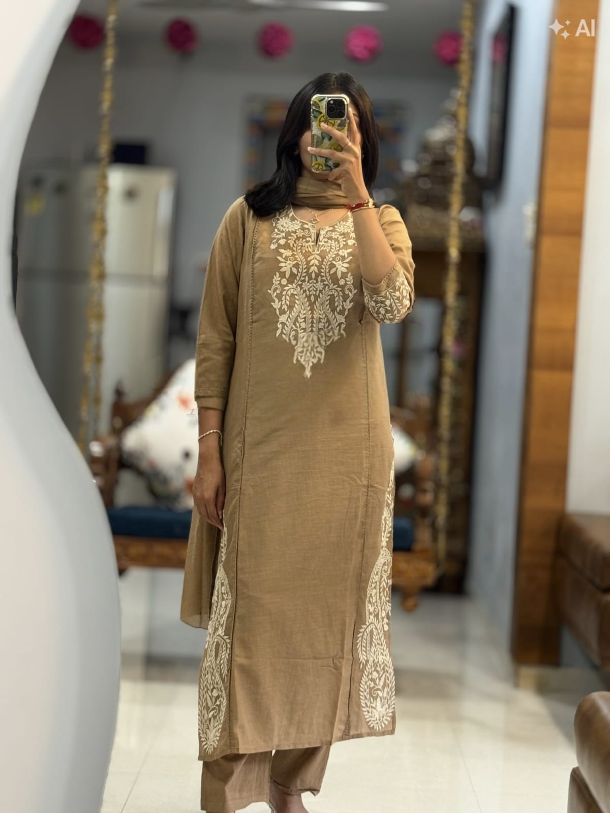 Mustard Embroidered Cotton Kurta Pant Set with Dupatta