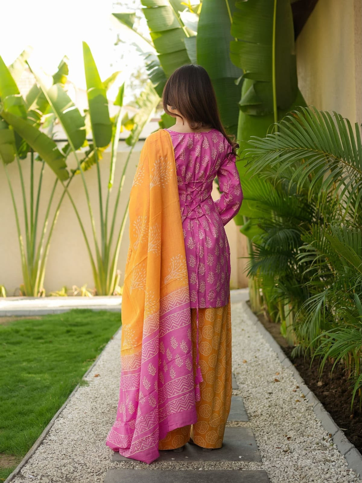 Pink & Mustard Printed Cotton Farshi Pant Suit for Women