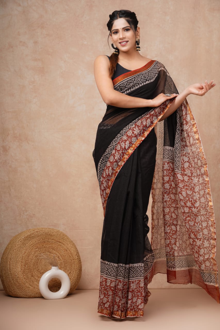 Black Kota Doriya Saree | Bagru Floral Printed Pallu & Border (BFKS59)