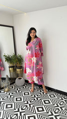 Cotton Floral Printed Kurta Pants With Lace Detailing On The Neckline and Cuffs.

Fabric: Cotton