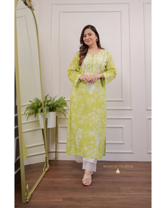 Green Chikankari Cotton Kurti Pant Set | Mulmul Cotton Ethnic Wear for Women