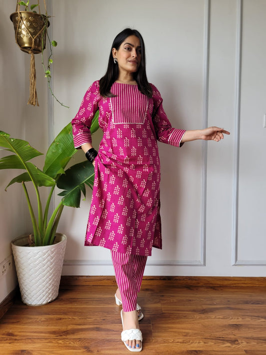Pink Printed Cotton Kurti Pant Set for Women