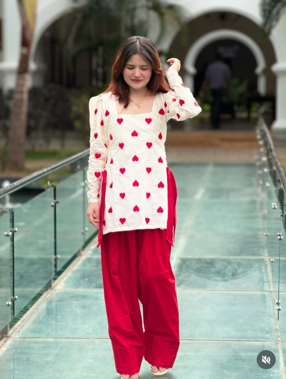 White Cotton Heart Embroidery Farshi Coord Set with Bow