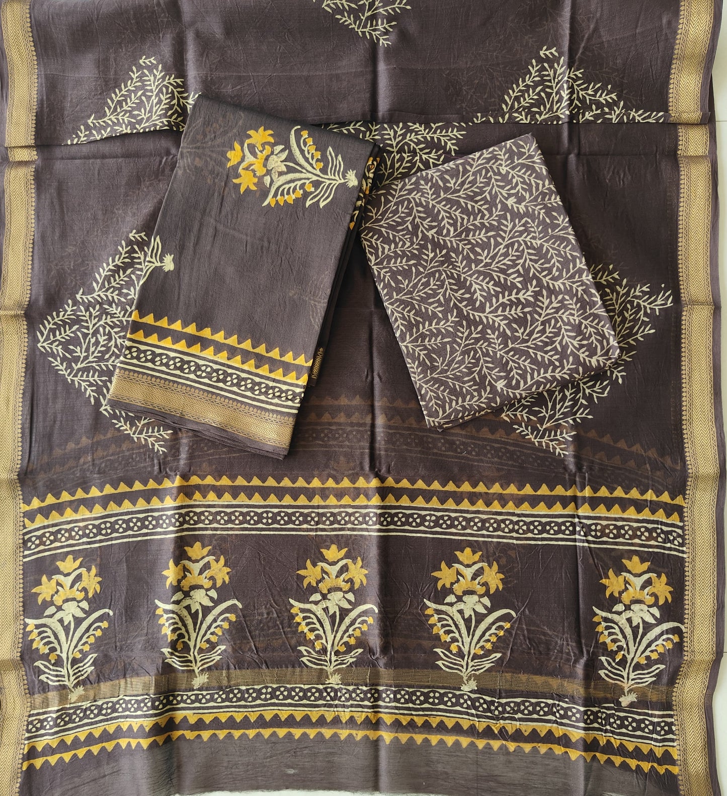 Premium Hand Block Printed Maheshwari Silk Suit(BFMAH94)