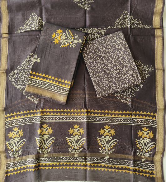 Premium Hand Block Printed Maheshwari Silk Suit(BFMAH94)