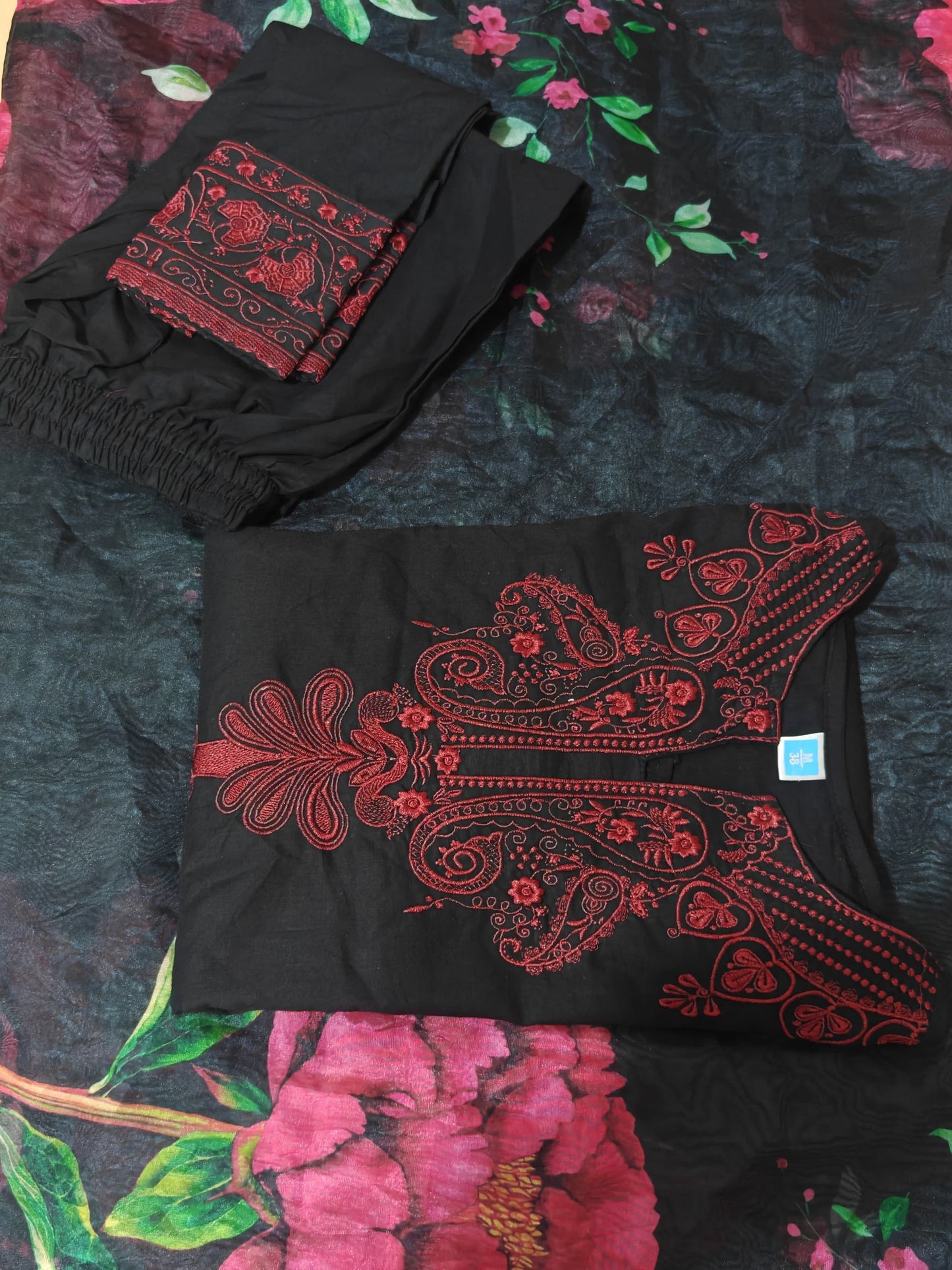 Black Embroidered Cotton Suit with Organza Dupatta | Rakhi Special