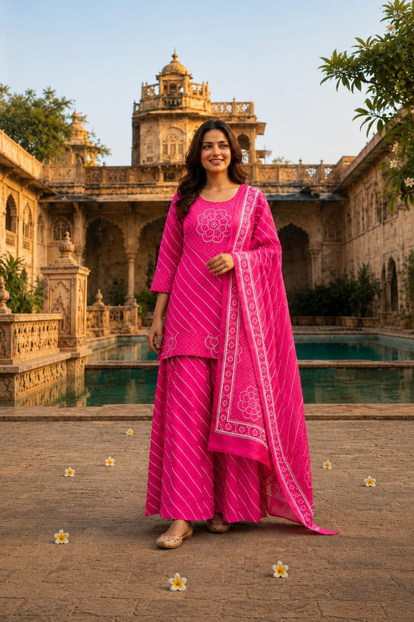 Rani Pink Lahriya Bandhej Cotton Kurti Palazzo Set