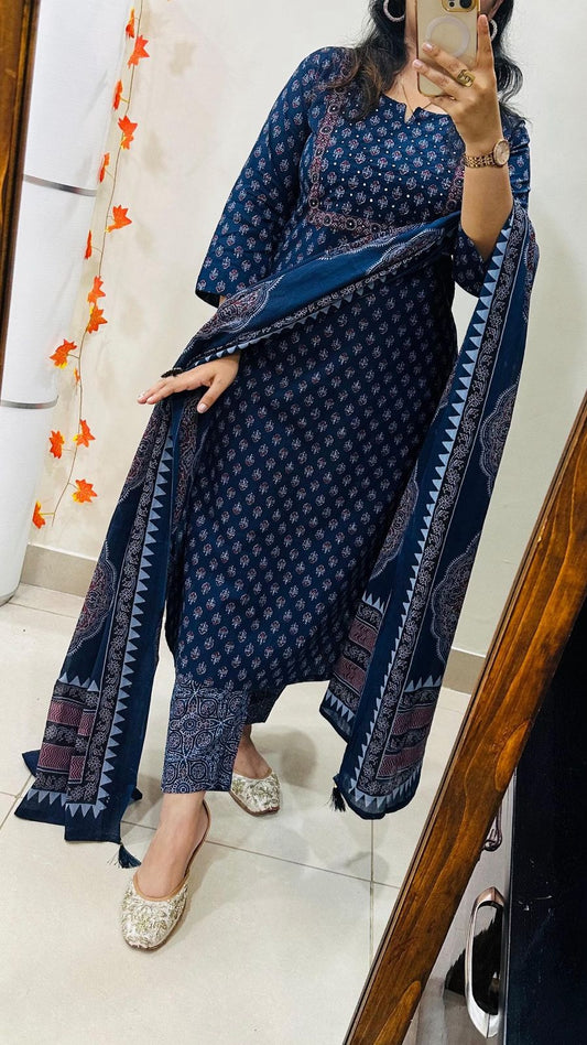 Navy Blue Printed Cotton Suit Set with Dupatta for Women