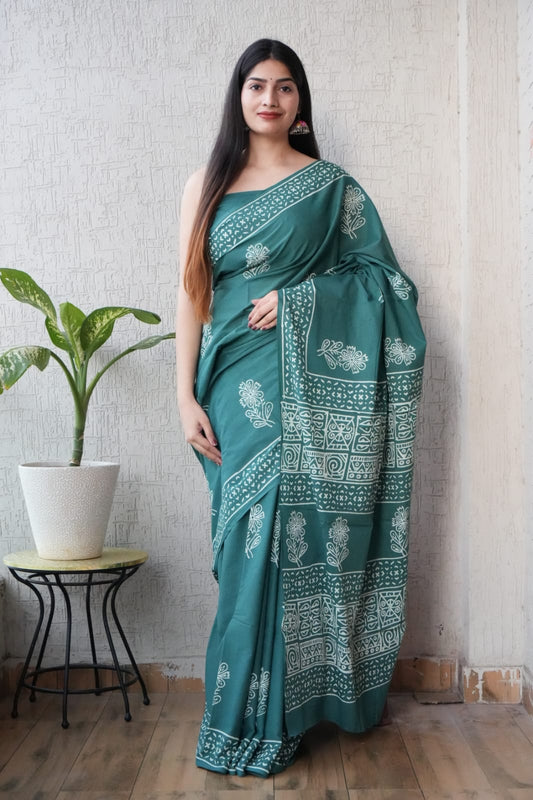 Bottle Green Printed Cotton Saree – Soft Cotton Saree for Women  (BFCS43)