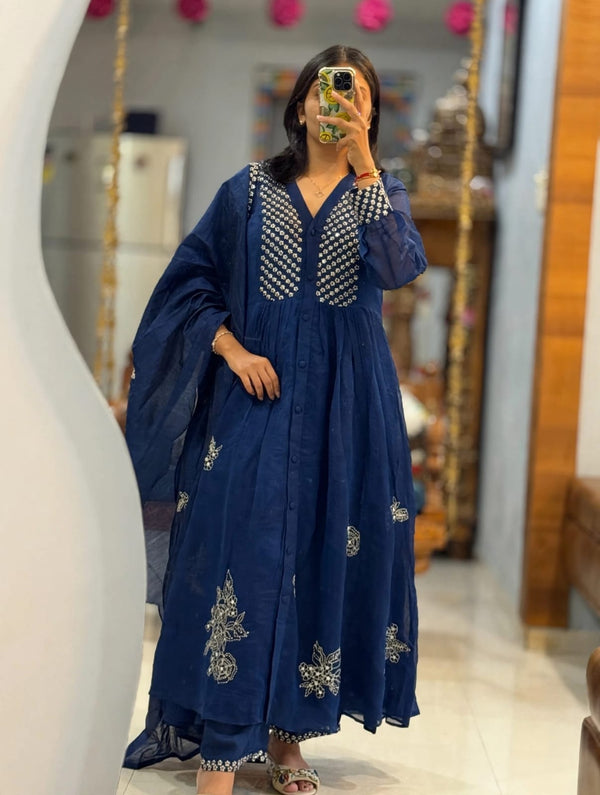 Navy Blue Cotton Embroidery Anarkali Kurti Pant Dupatta Set