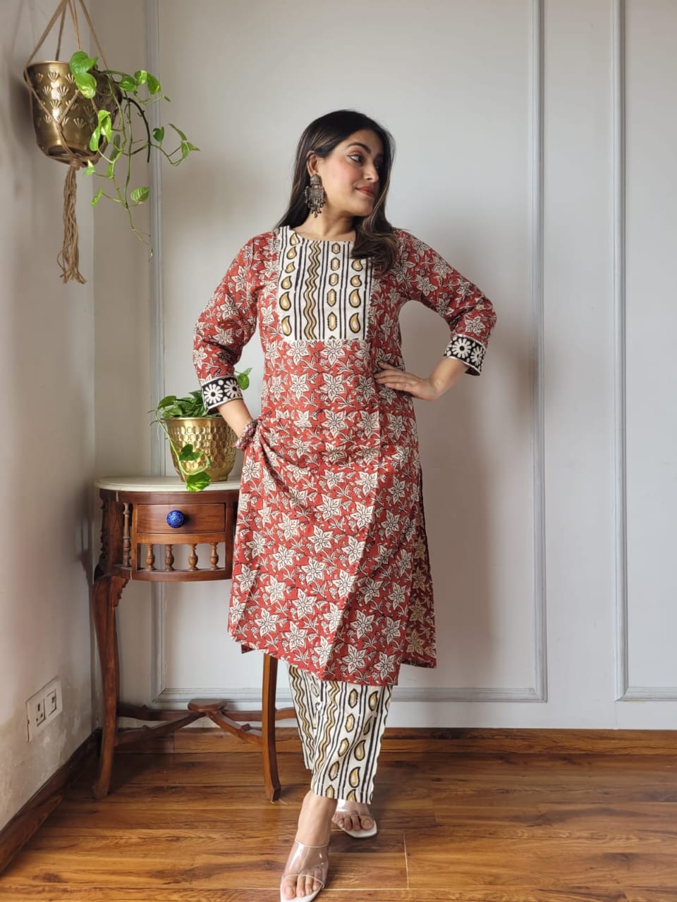 Rust Printed Cotton Kurti Pant Set for Women