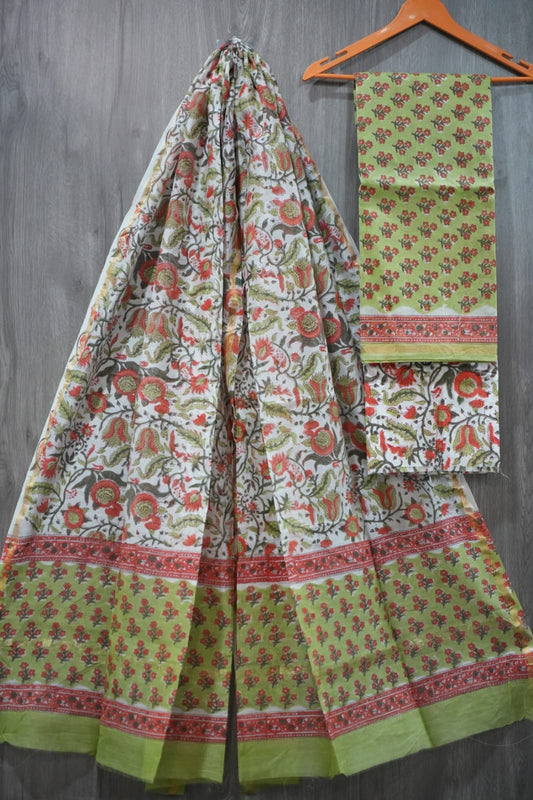 Lime Green & Red Floral Jaal Hand Block Print Chanderi Silk Dress Material (BFCHS43)