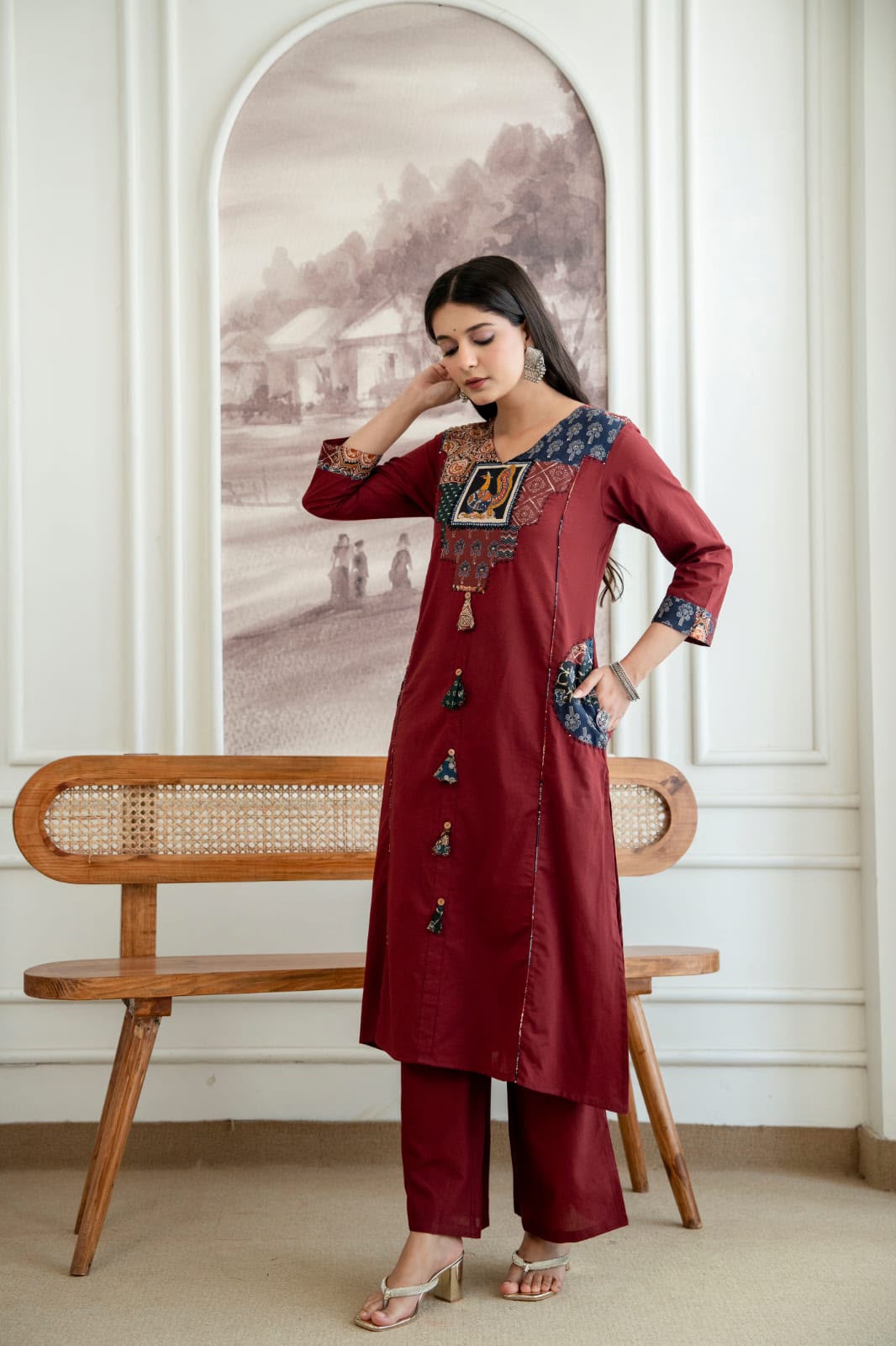Maroon Pure Cotton Suit Set with Kalamkari Print Dupatta