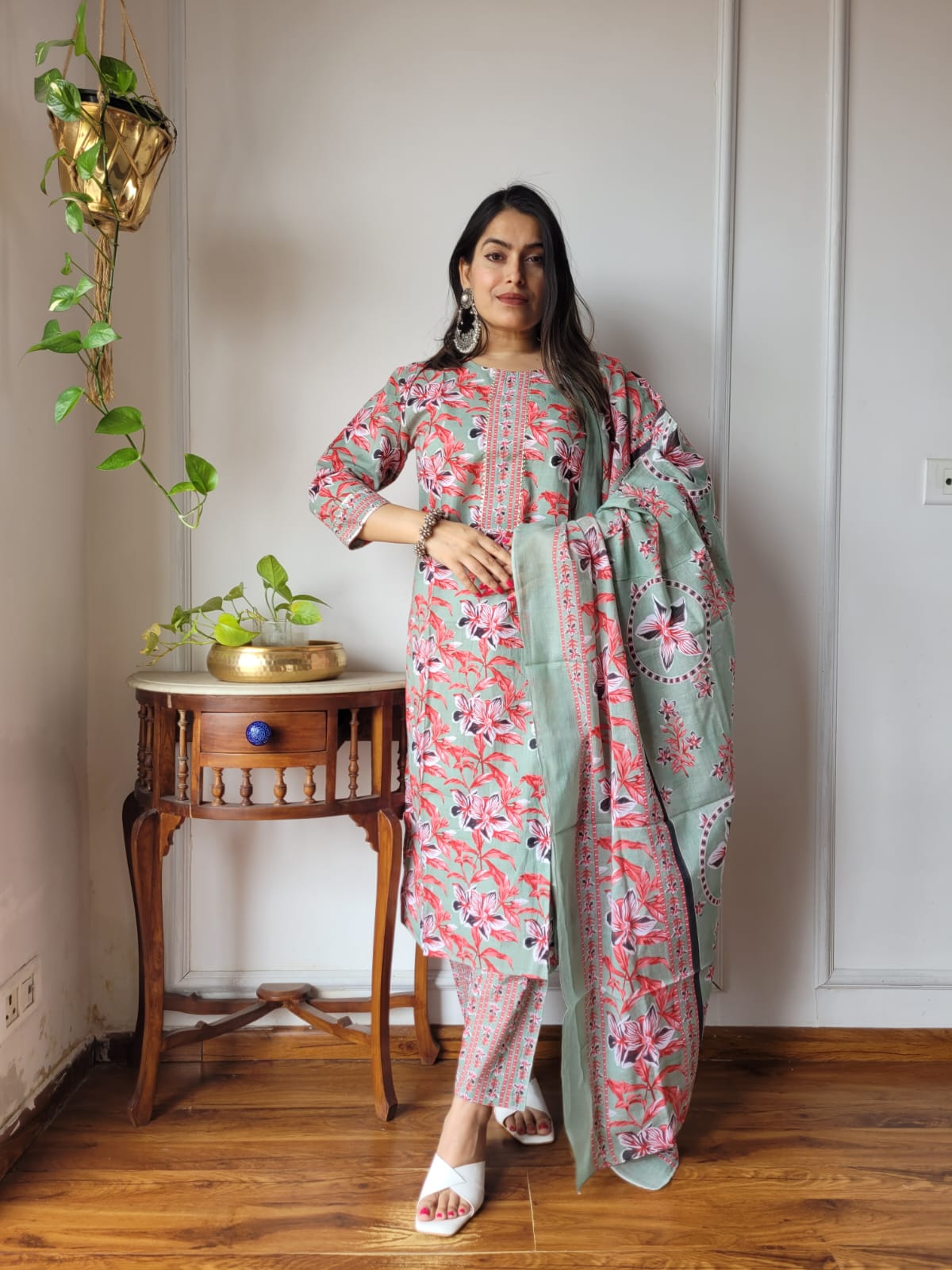 Sage Green Hand Block Printed Cotton Suit for Women