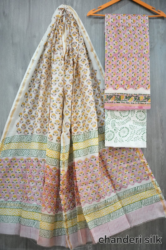 Pink & Yellow Small Floral Butti Hand Block Print Chanderi Silk Suit Material (BFCHS17)