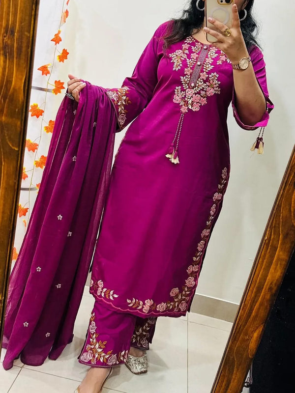 Magenta Pink Heavy Embroidery Silk Kurti Palazzo Dupatta Set