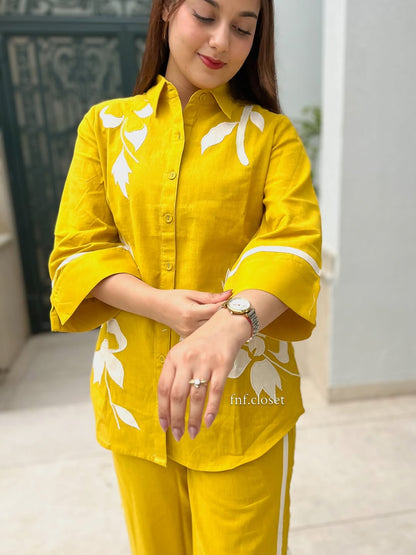 Mustard Yellow White Applique Floral Cotton Slub Shirt Pant Co-ord Set