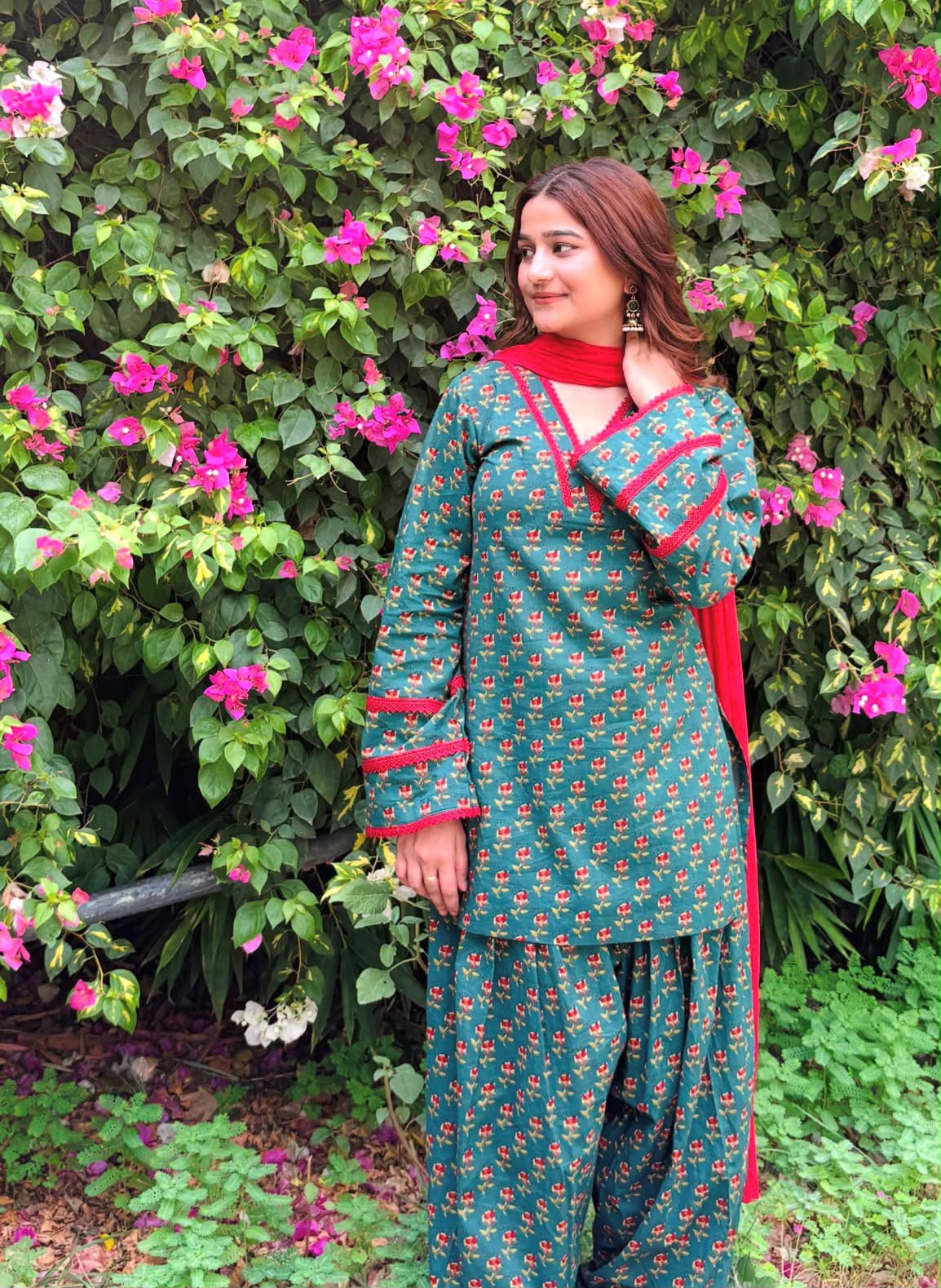 Teal Green Floral Block Print Cotton Farshi Salwar Suit Set with Red Dupatta