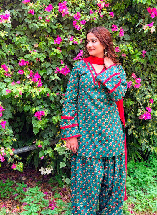 Teal Green Floral Block Print Cotton Farshi Salwar Suit Set with Red Dupatta