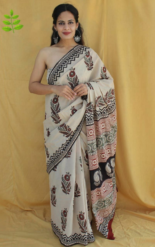 Off White Hand Block Printed Cotton Saree with Blouse (BFCS65)